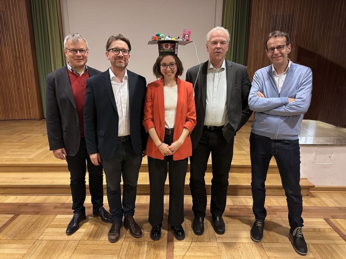 Completed doctorate - Dr. Ferike Thom - from left to right Prof. Dr. Martin Banse, PD Dr. Alexander Gocht, Dr. Ferike Thom, Prof. Dr. Harald Grethe, Prof. Dr. Achim Spiller